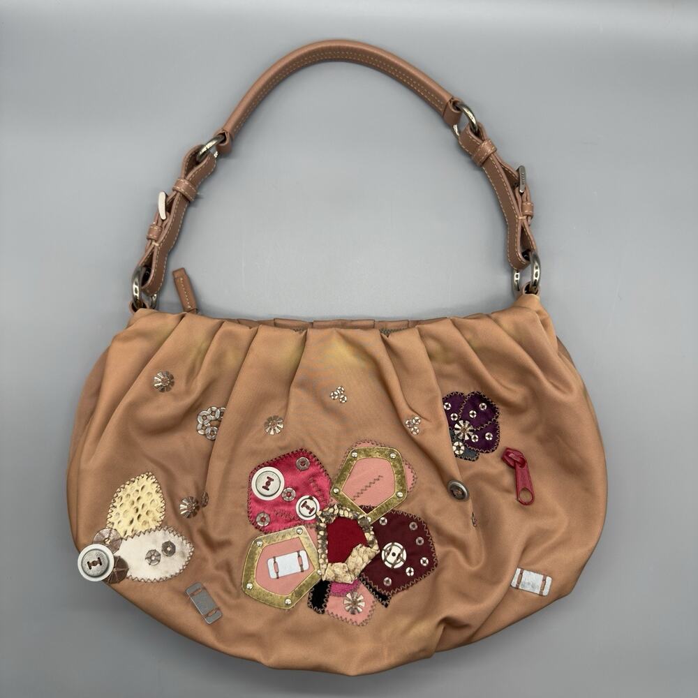 Prada Nylon Floral Applique Shoulder Bag Pink Beige Made in Italy